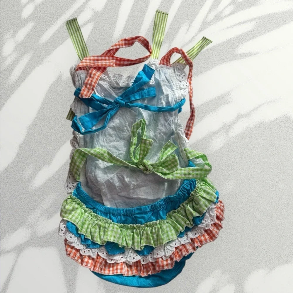 Blue Ruffled Baby Romper with Gingham Straps